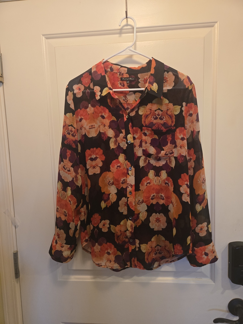 Broadway & Broome Floral Button-Up Blouse in Black with Orange & Purple Flowers